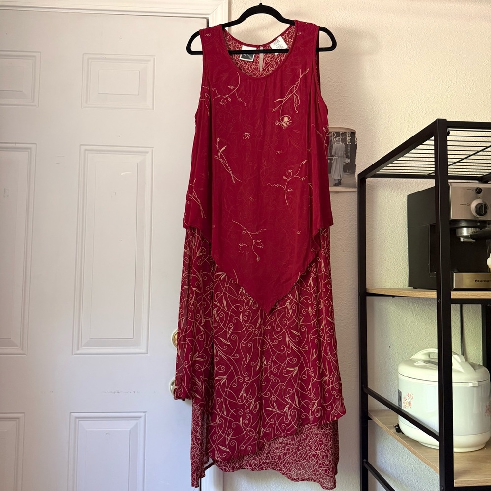 PHOOL red vintage layered lagenlook‎ floral rayon asymmetrical sleeveless midi